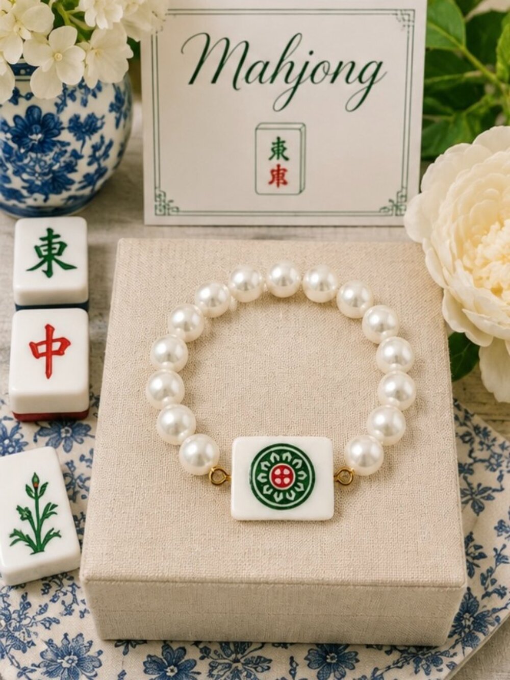 Pearl Mahjong Bracelet, Green Red Mahjong Tile Bracelet, Mahjong Lover Gift, Ele